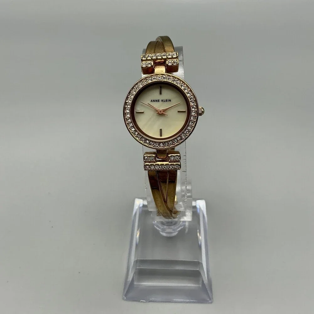 Anne Klein Womens Watch 24mm MOP Gold Tone Crystals Bangle New Battery 6.75